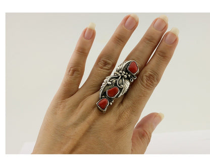 Navajo Ring 925 Silver Natural Mediterranean Coral Artist Signed JH C.80's