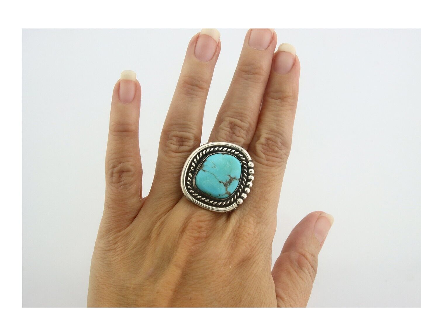Navajo Ring 925 Sterling Turquoise Handmade Native Artist C.80's Size 6.5