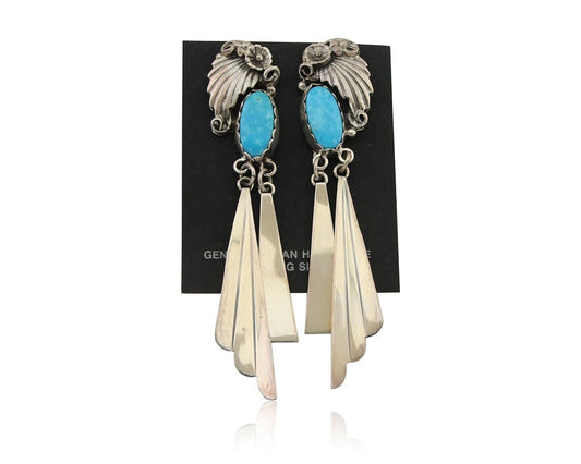 Navajo Dangle Earrings 925 Silver Natural Blue Turquoise Artist Signed M.S. C80s