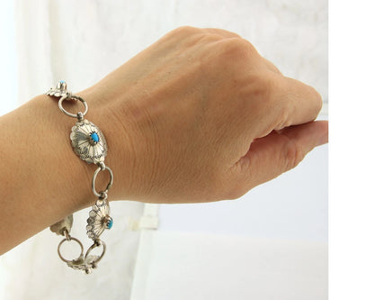 Navajo Concho Bracelet Sterling Silver Turquoise Hand Stamped Signed A.J.