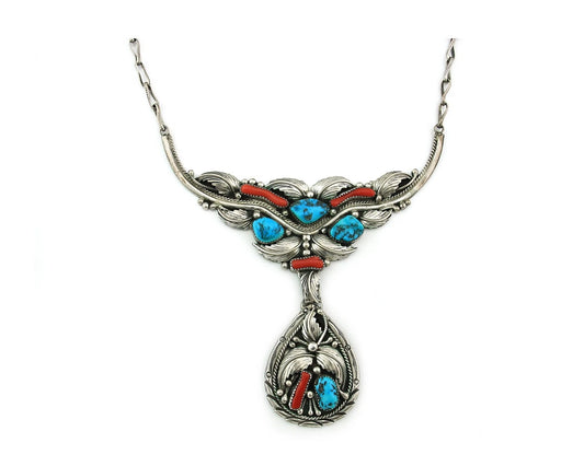 Navajo Necklace 925 Sterling Silver Turquoise & Coral Vintage Native Artist