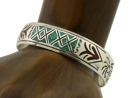 Navajo Inlay Bracelet 925 Silver Turquoise & Coral Signed Stanely Bain C.80's