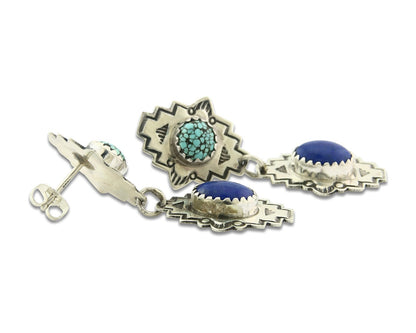 Navajo Earrings Sterling Silver Lapis & Truquoise Vintage Signed Mary Ellen