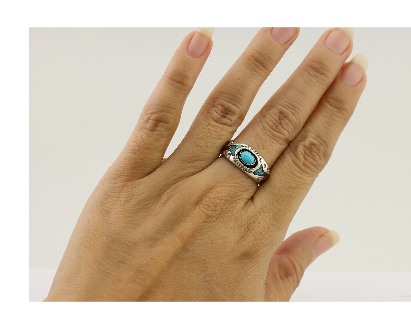 Navajo Ring 925 Silver Turquoise & Coral Natural American Artist C.80's