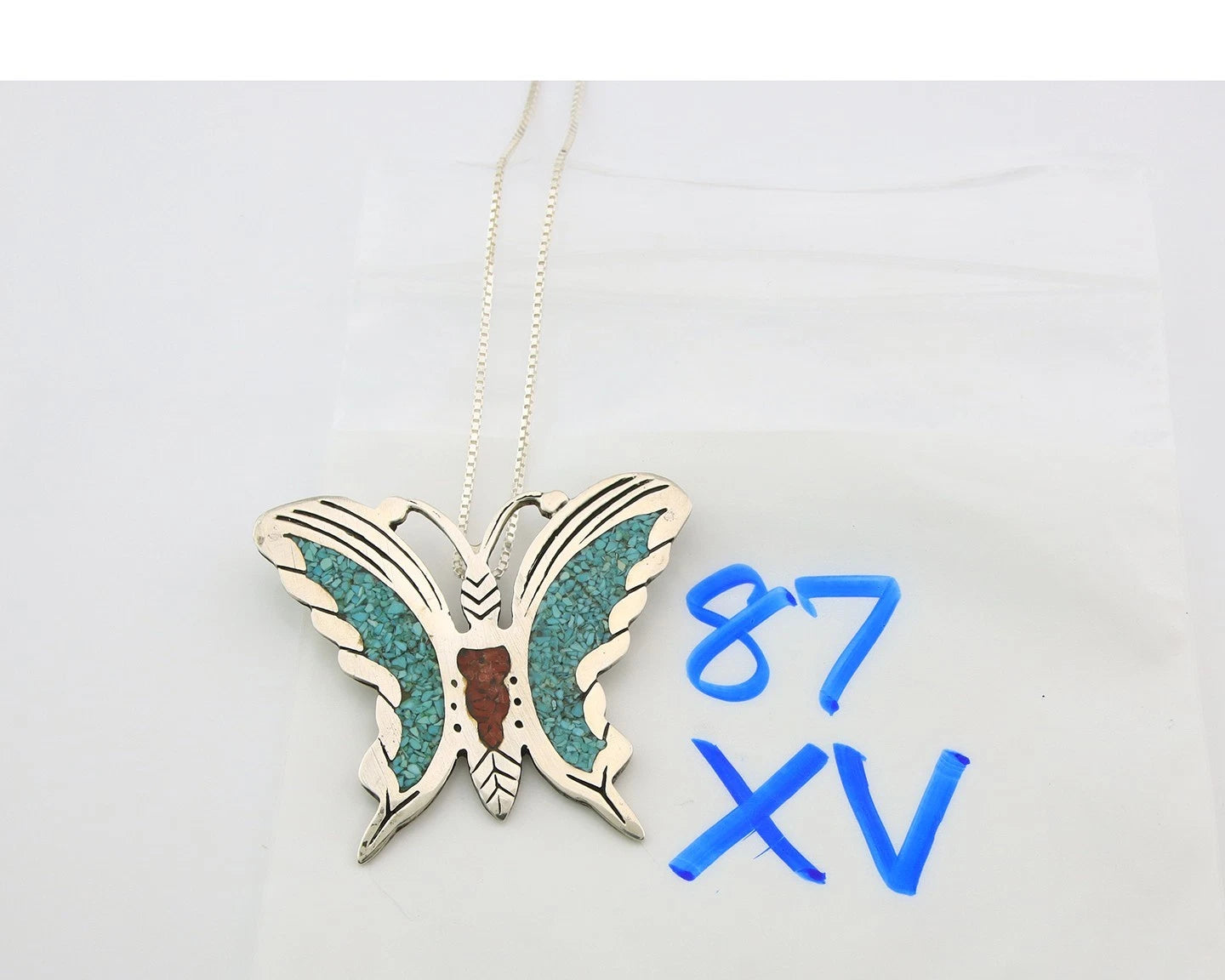 Navajo Butterfly Necklace Sterling Silver Turquoise & Coral Signed RP