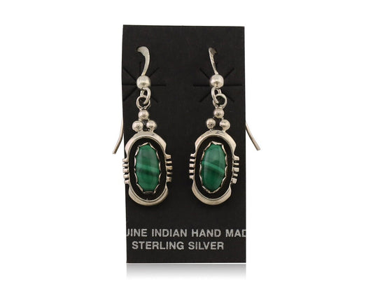 Navajo Dangle Earrings 925 Silver Natural Malachite Native American Artist C.80s