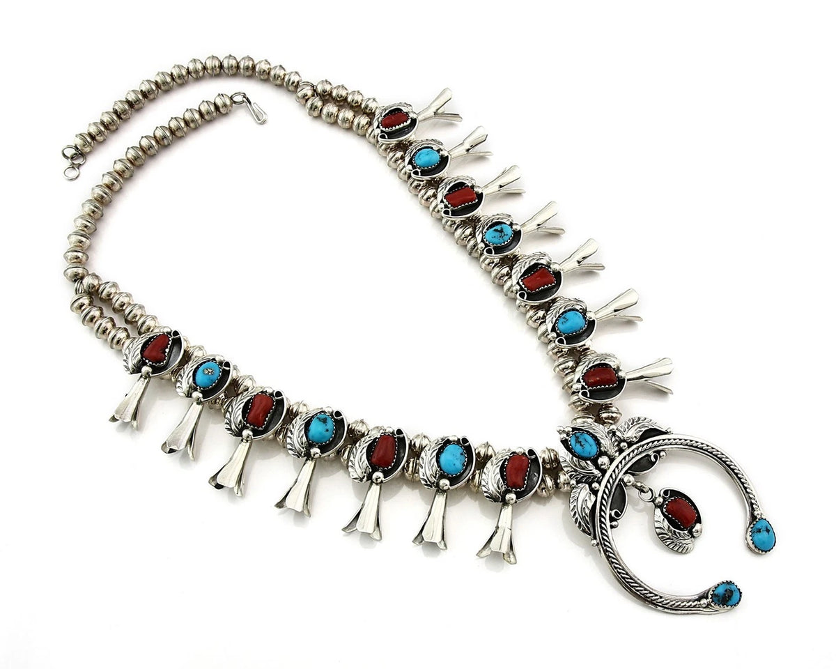 Navajo Squash Necklace Earring Set Sterling Silver Gemstones Signed C Davis C80s