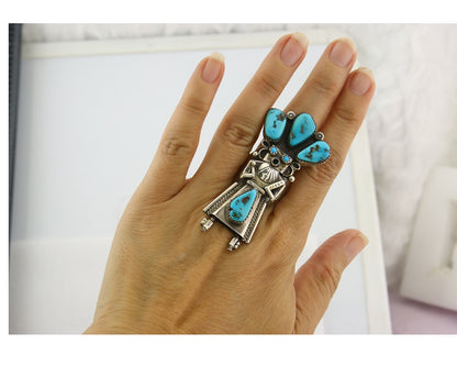 Vintage Navajo Ring 925 Sterling Silver Turquoise Handmade Signed OM Size 7.5