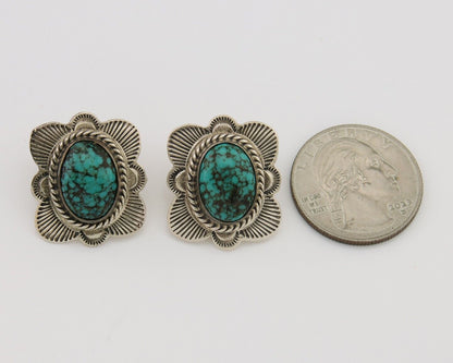 Navajo Earrings 925 Silver Inlaid Turquoise Artist Signed William Denetdale C80s