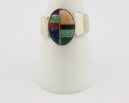 Zuni Inlaid Ring 925 Silver Mixed Natural Gemstones Native American Artist C.80s