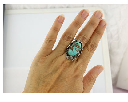 Traditional Navajo Ring Sterling Silver Authentic Turquoise Handmade Size 8.0