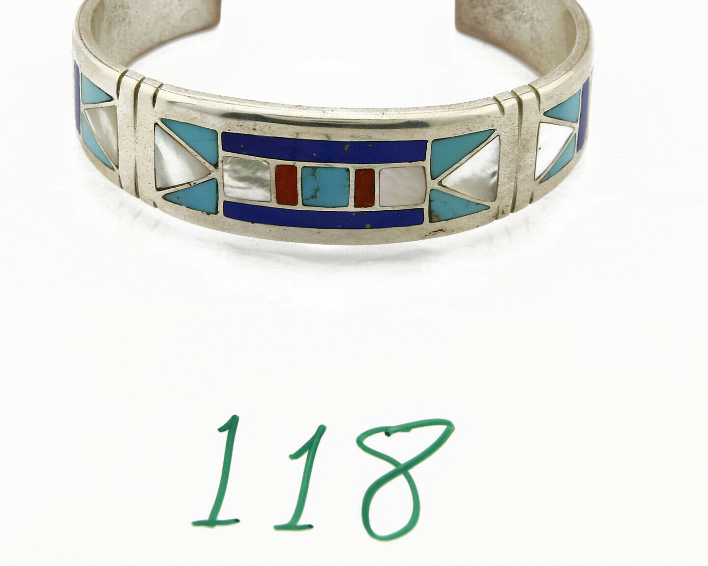 Early Artist David Freeland Inlaid Natural Gemstone .925 SOLID Silver Cuff