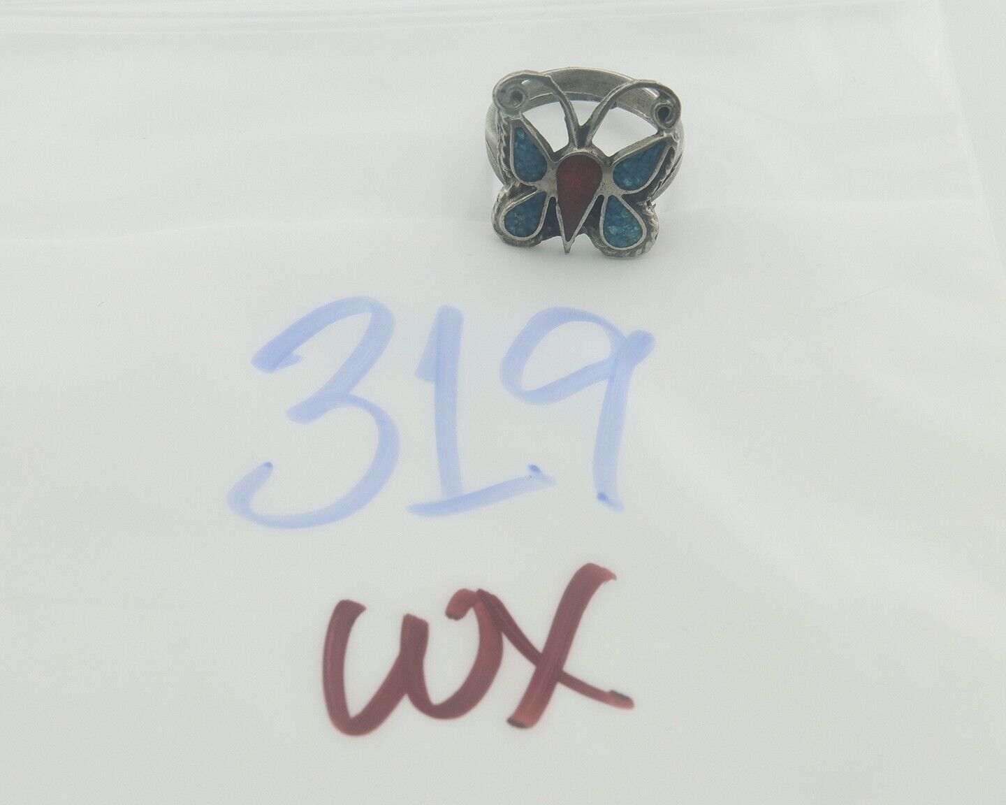 Navajo Ring 925 Silver Inlaid Butterfly Turquoise & Coral C.80's Size 5.0