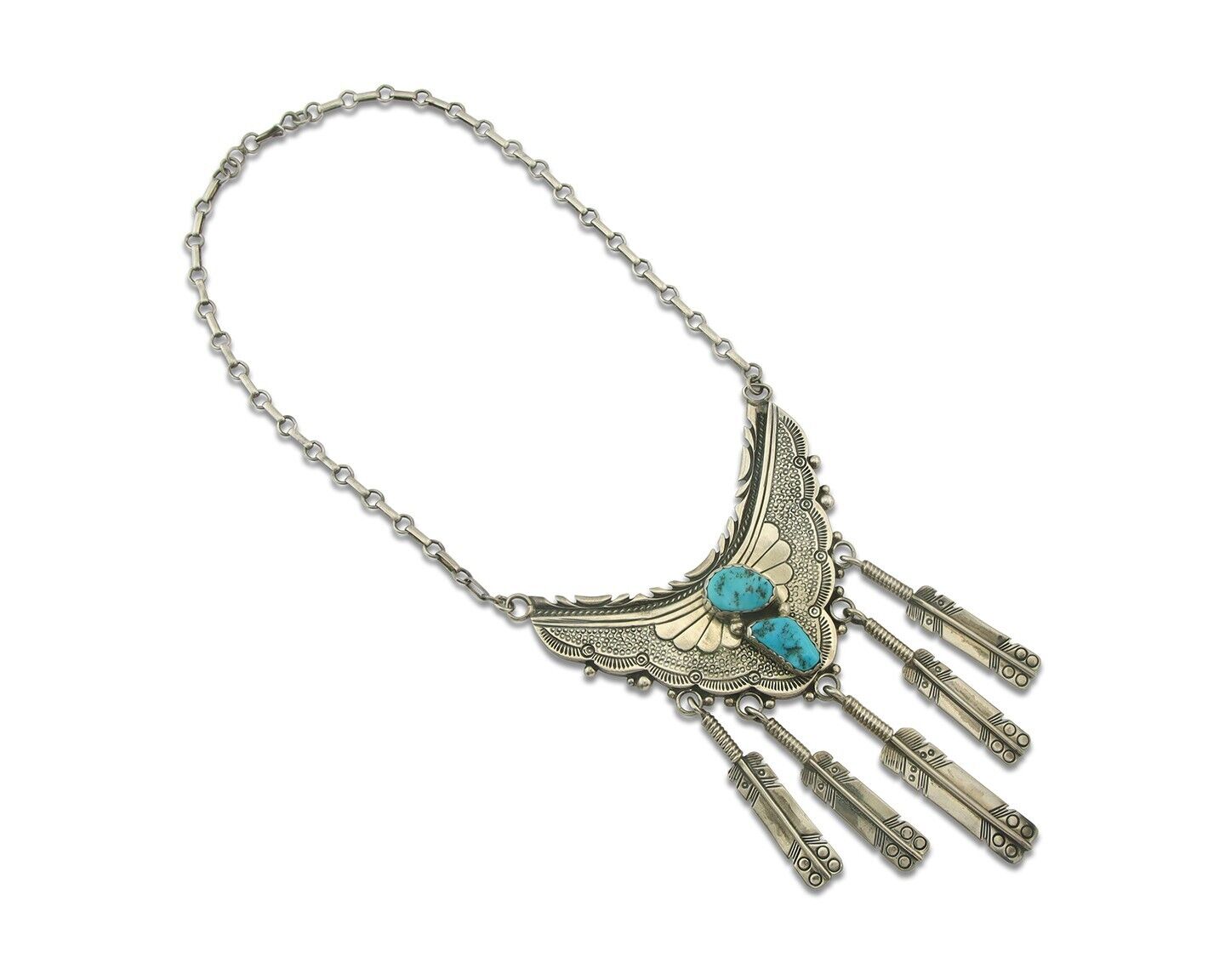 Vintage Navajo Bead Necklace 925 Silver Turquoise Hand Stamped Signed IHMJ