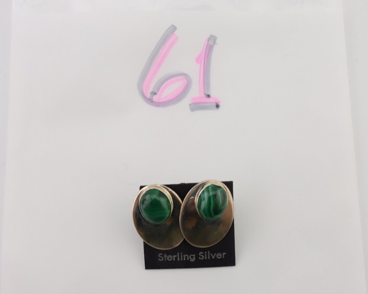 Navajo Shield Earrings 925 Silver Natural Malachite Signed Ella Peters C.80's