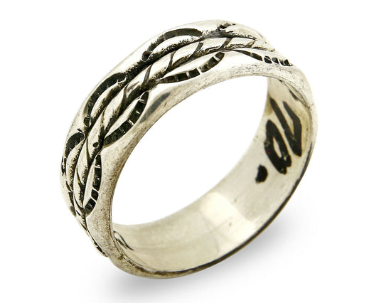 Navajo Ring .925 Silver Handmade Hand Stamped 3 Row Rope Band C.1980's Size 14.5