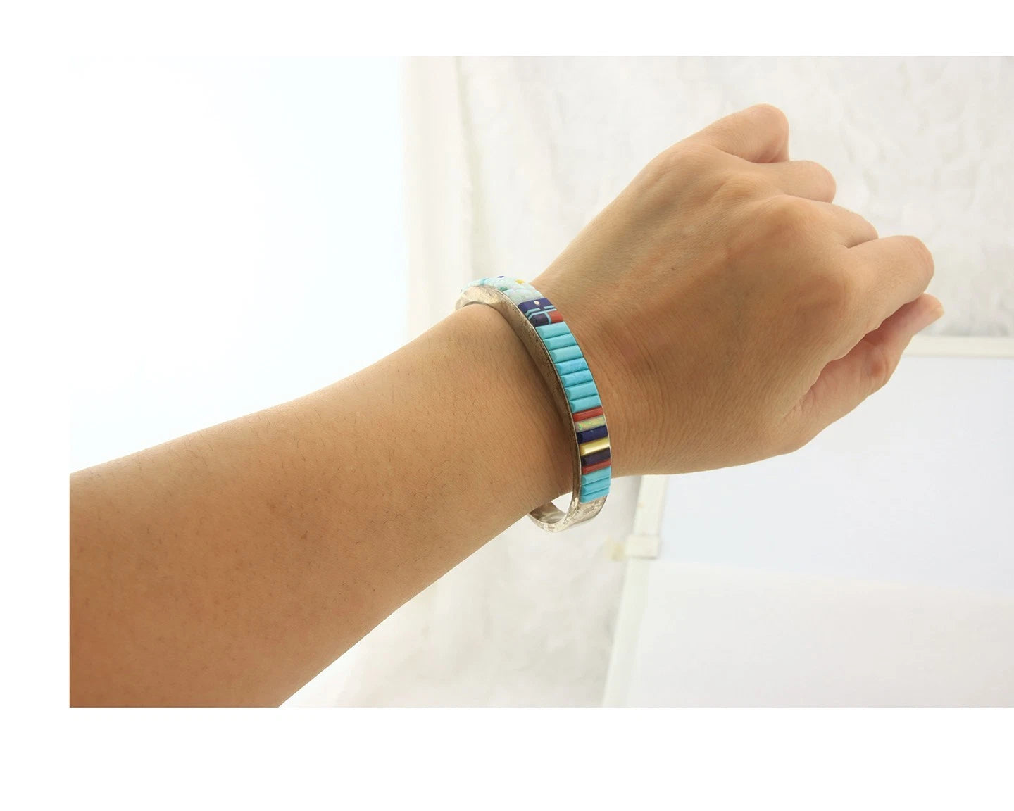 Navajo Cuff Bracelet Sterling Silver Natural Gemstone Vintage Signed WM