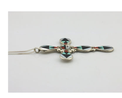 Zuni Cross Pendant 925 Silver Natural Gemstone Zeno & Maryann Edaaki C.80's