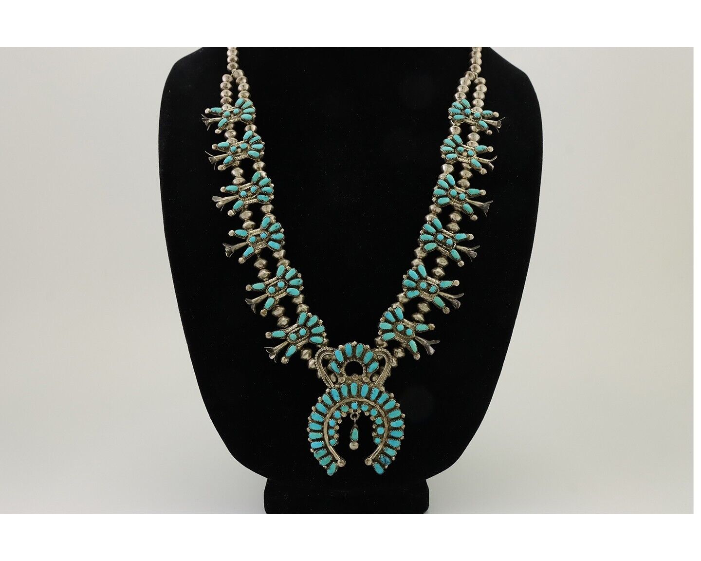 Zuni Squash Necklace 925 Silver Turquoise Signed Leonard & Lula Weebothee 1981