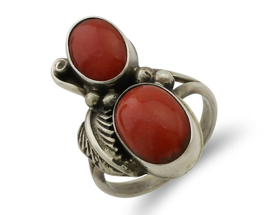 Navajo Ring 925 Silver Natural Mediterranean Coral Artist Signed A C.80's