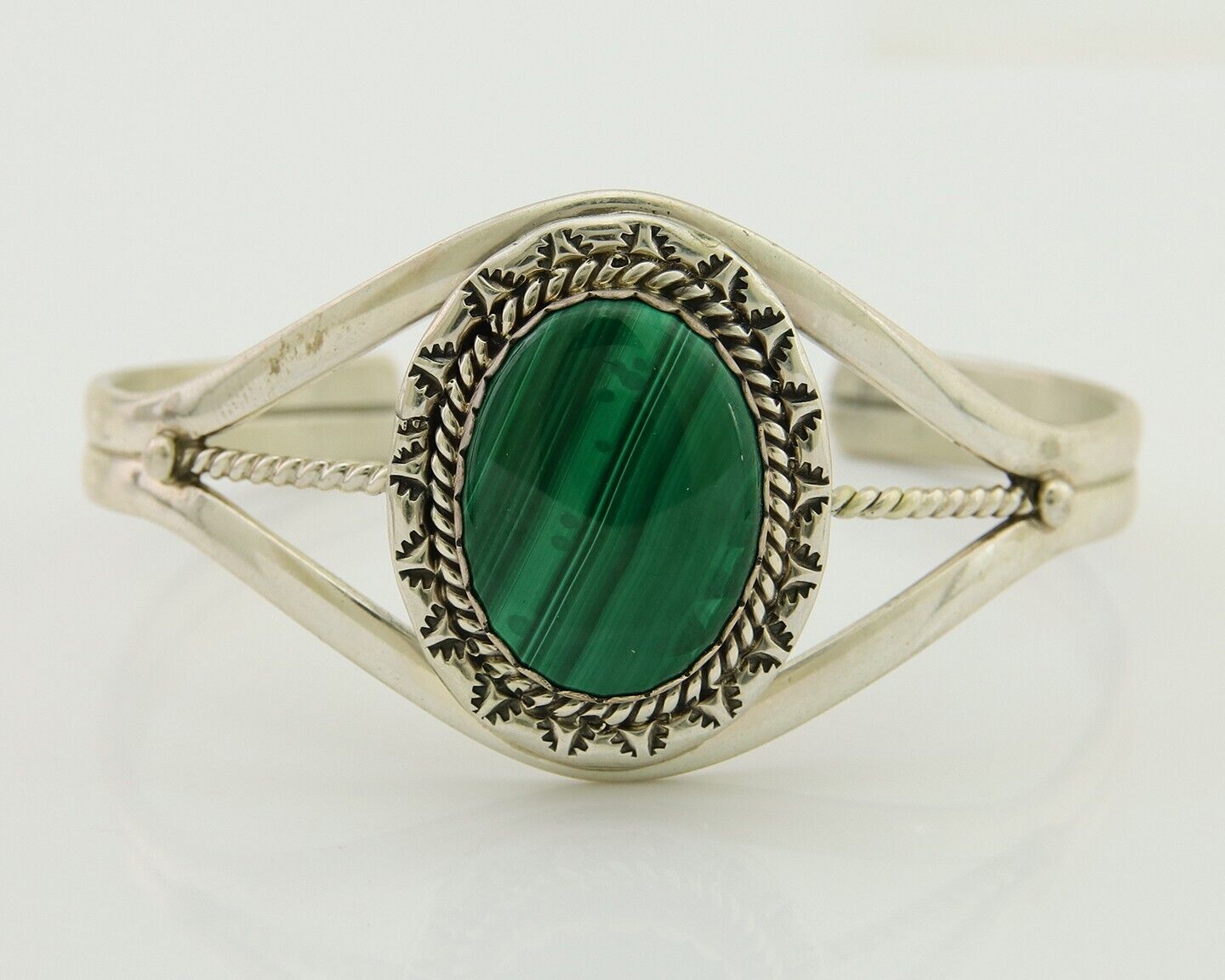 Navajo Cuff Bracelet Natural Malachite 925 Silver Native American Artist C.80s