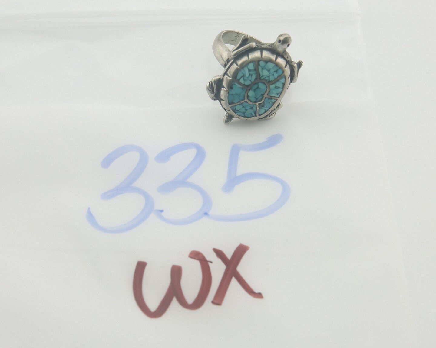 Navajo Ring 925 Silver Inlaid Turtle Turquoise C.80's Size 7.75