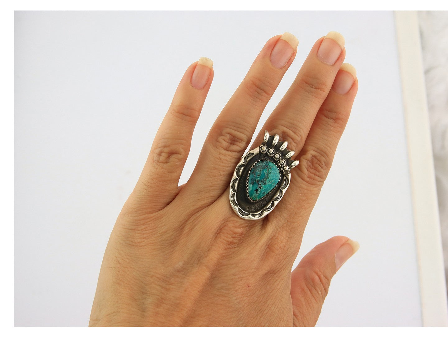 Huge Navajo Ring Sterling Silver Vintage Turquoise Handmade Signed E Size 6.75