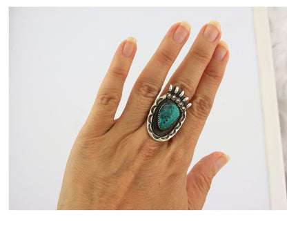 Huge Navajo Ring Sterling Silver Vintage Turquoise Handmade Signed E Size 6.75