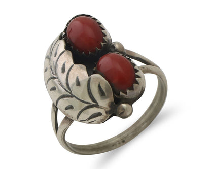 Navajo Handmade Ring 925 Silver Natural Mediterranean Coral Signed 88 C.80's