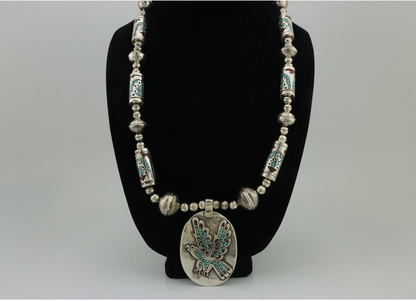 Navajo Reversable Inlay Necklace 925 Silver Turquoise & Coral Signed SD C.80's