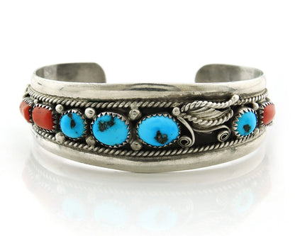Navajo Cuff Bracelet 925 Sterling Silver Turquoise & Coral Signed Lee Charlie Jr