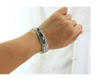 Navajo Cuff Bracelet Sterling Silver Natural Gemstone Vintage Signed W Denetdale