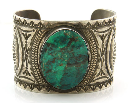 Large Navajo Cuff Bracelet Sterling Silver Turquoise Signed HS Vintage Handmade