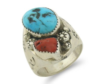Men Heavy Navajo Ring 925 Sterling Natural Coral & Turquoise C.80's Size 11