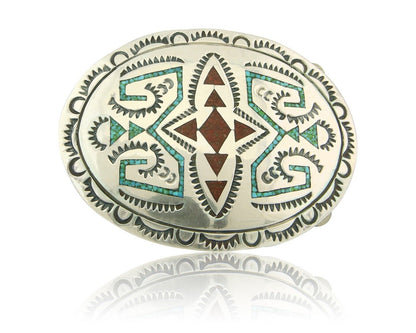 Vintage Navajo Belt Buckle 925 Silver Inlaid Gemstone Signed Stanley Bain C.80's