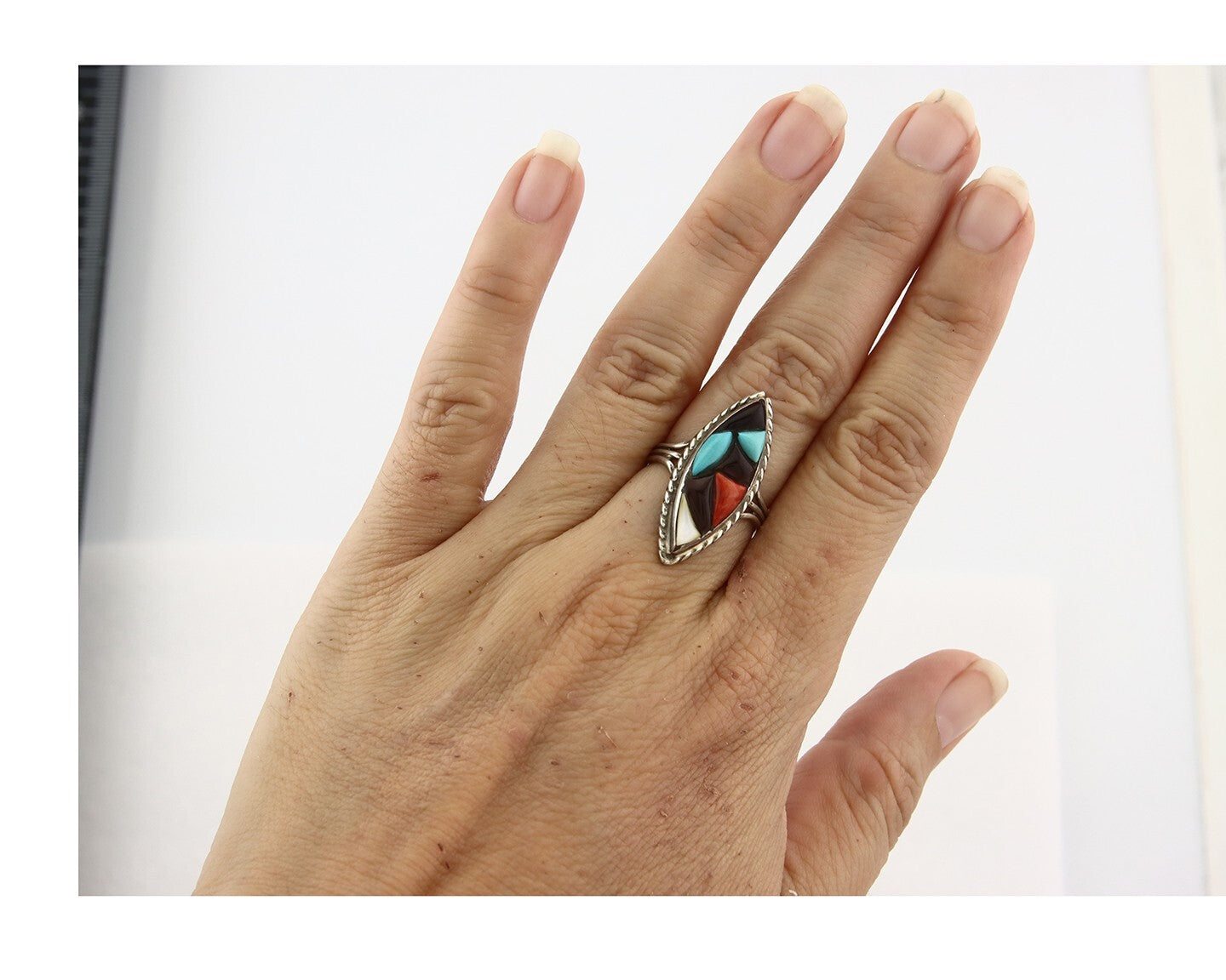 Vintage Zuni Ring 925 Sterling Silver Natural Gemstone Signed R & GT Size 6.0