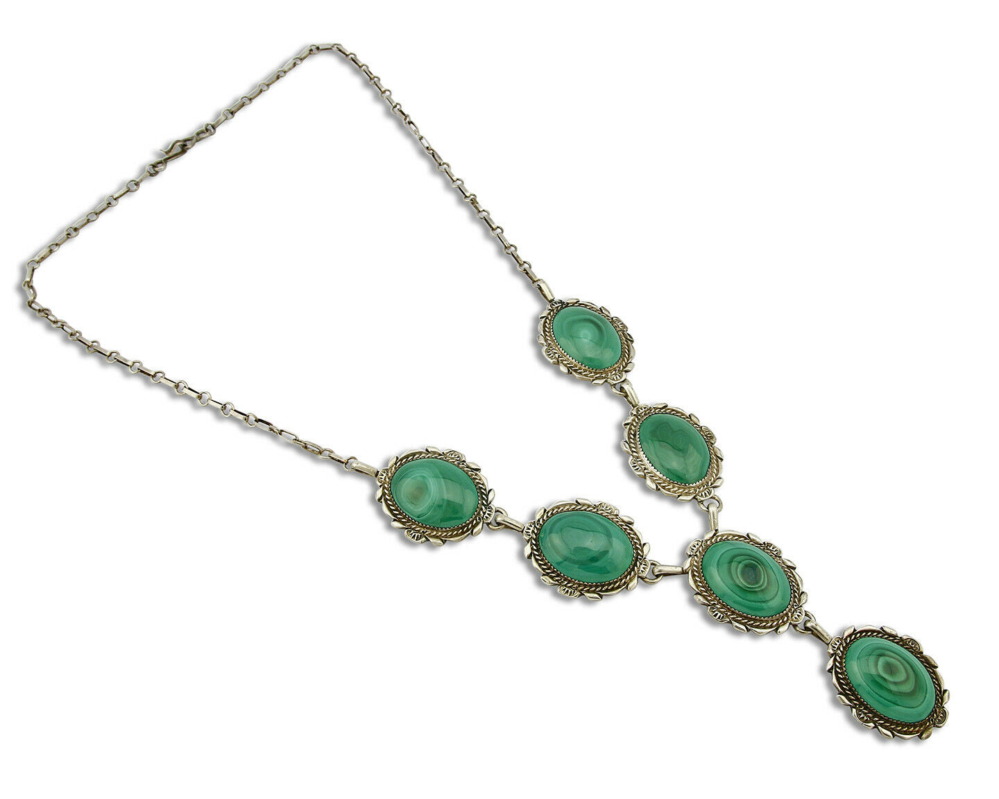 C.80-90's Navajo Signed TALHAT .925 SOLID Silver Natural Malachite Necklace