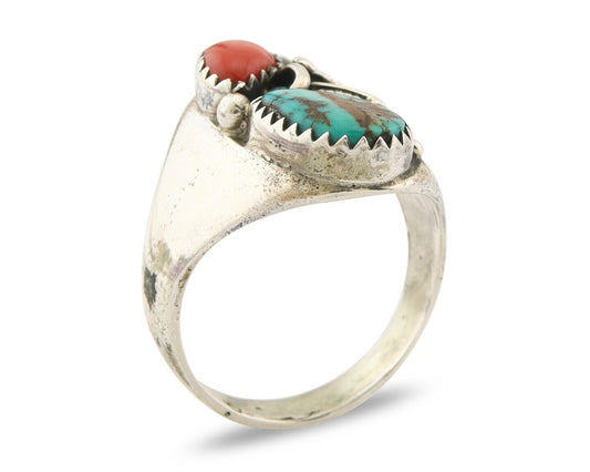 Navajo Ring 925 Sterling Turquoise & Coral Native Artist C.80's Size 8.75