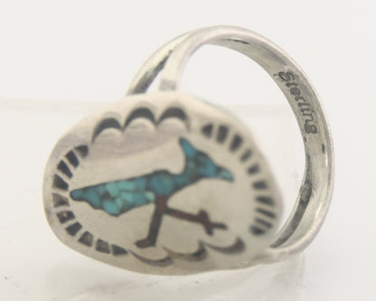 Navajo Ring 925 Sterling Natural Chip Inlay Coral & Turquoise C.80's Size 4.5