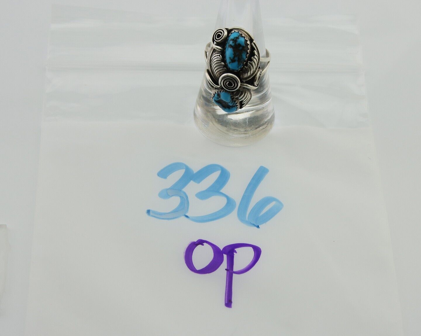 Navajo Ring .925 Silver Sleeping B Turquoise Artist Signed MP C.80's