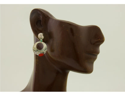 Navajo Earrings 925 Silver Natural Red Coral Artist Signed KF C.80's