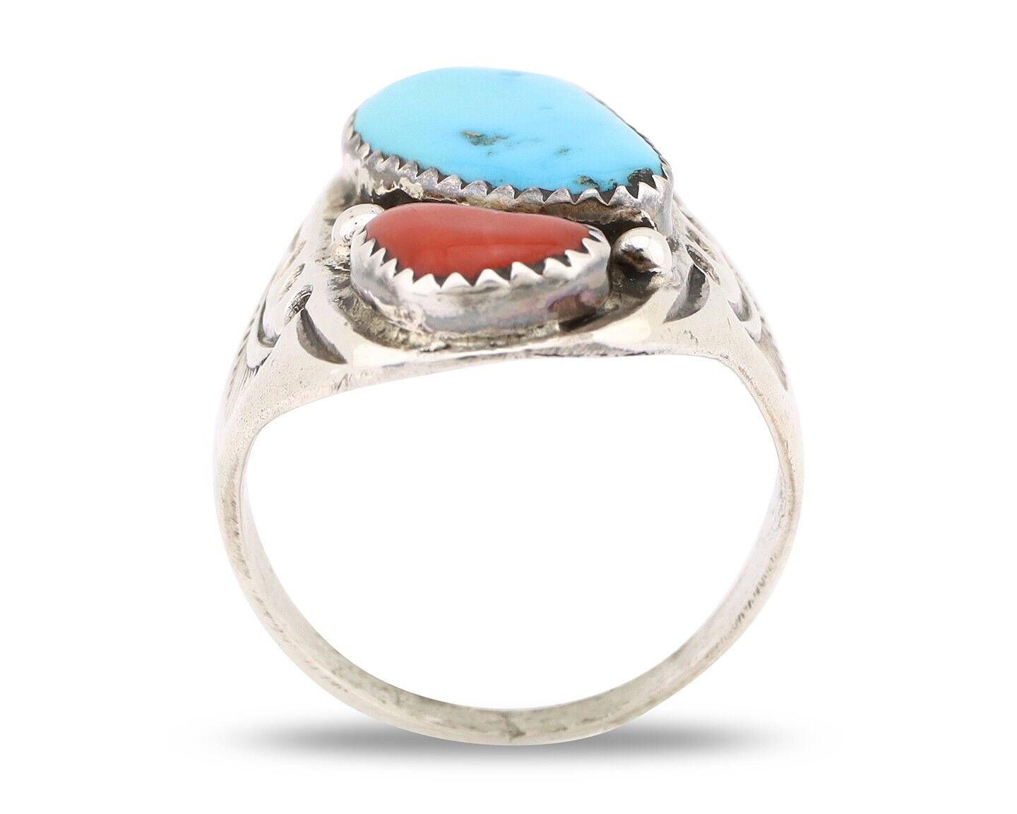 Navajo Ring 925 Silver Sleeping Beauty Turquoise & Coral Native Artist C.80s