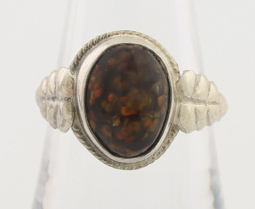 Navajo Handmade Ring 925 Silver Natural Fire Opal Native Artist Size 8.75 C.80's