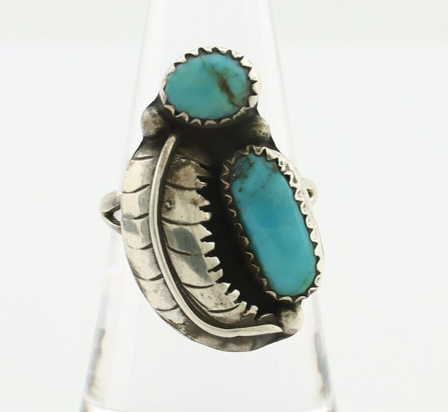 Navajo 2 Stone Ring 925 Silver Kingman Turquoise Native American Artist C.80's