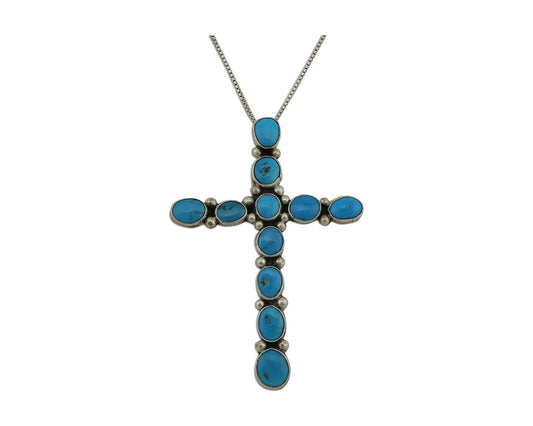 Navajo Cross Pendant 925 Silver Blue Turquoise Signed Native American C.80's