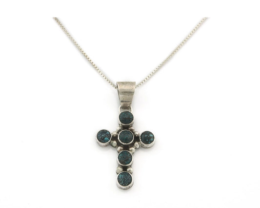 Navajo Cross Necklace Sterling Silver Natural Turquoise Artist Signed C Wilson
