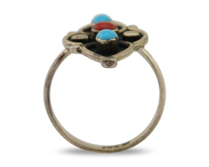 Navajo Handmade Ring 925 Silver Turquoise & Coral Native Artist C.80's