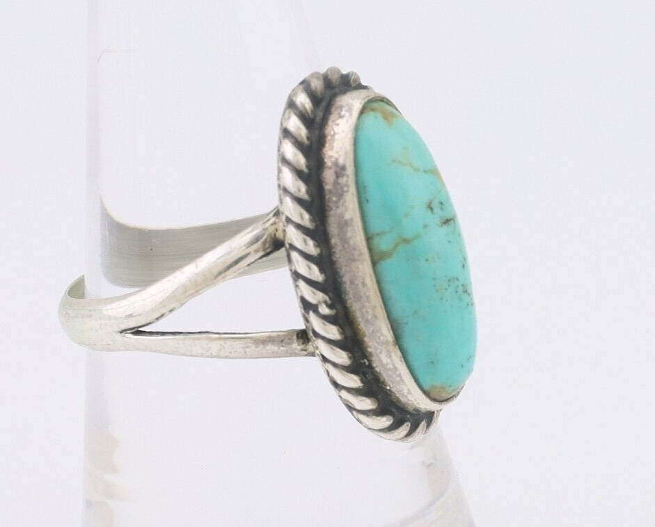 Navajo Ring 925 Silver Natural Turquoise Artist Signed Rabbit Stick C.80's
