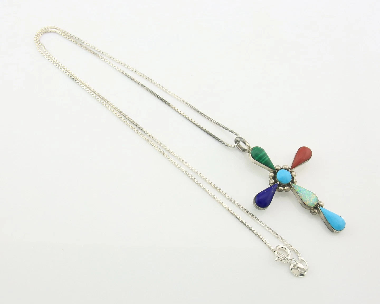 Navajo Cross Necklace Sterling Silver Natural Gemstones Artist Signed CC