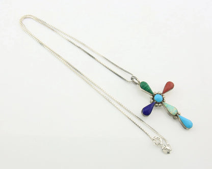 Navajo Cross Necklace Sterling Silver Natural Gemstones Artist Signed CC